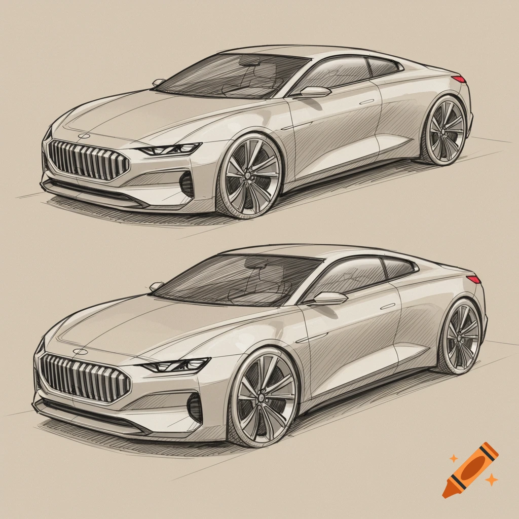 Two concept car design sketches drawn with light gray lines on a beige background.
