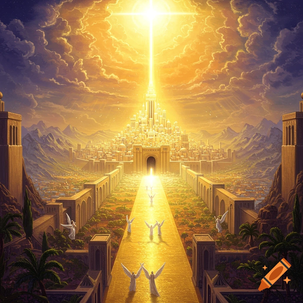 Golden heavenly city on a hill under dramatic clouds, with a bright cross-shaped light above and angels on a golden path.