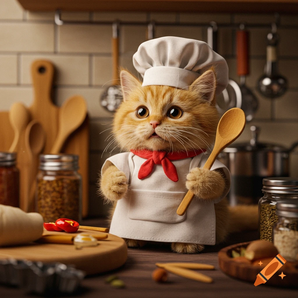A cute ginger cat wearing a chef's hat and apron holds a wooden spoon in a kitchen.