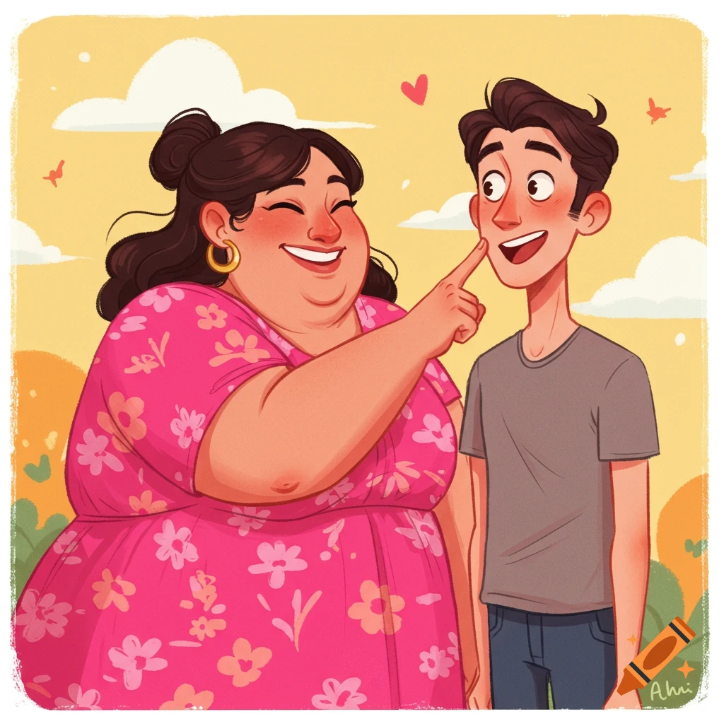 Digital illustration of a woman poking a man's cheek playfully.