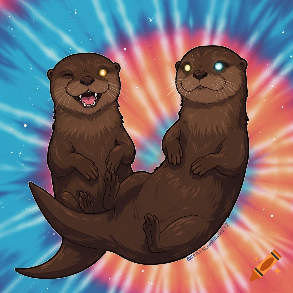 Two cartoon otters with bright eyes float over a tie-dye background.