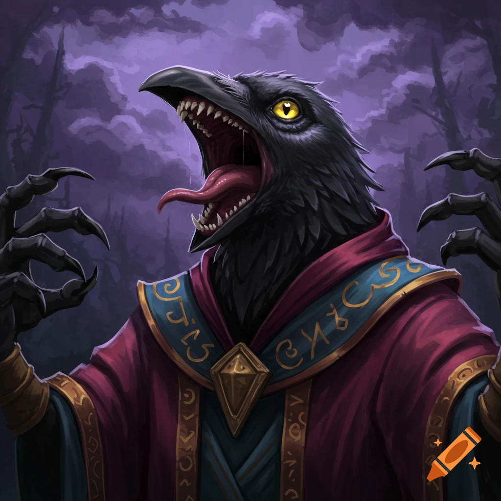 A screaming crow man in wizard robes.