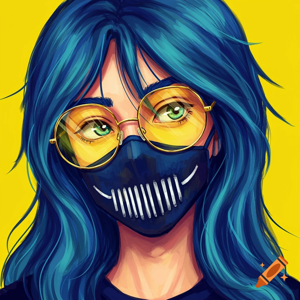Pop art of a person with blue hair, yellow glasses, and a black mask with white stripes on a yellow background.