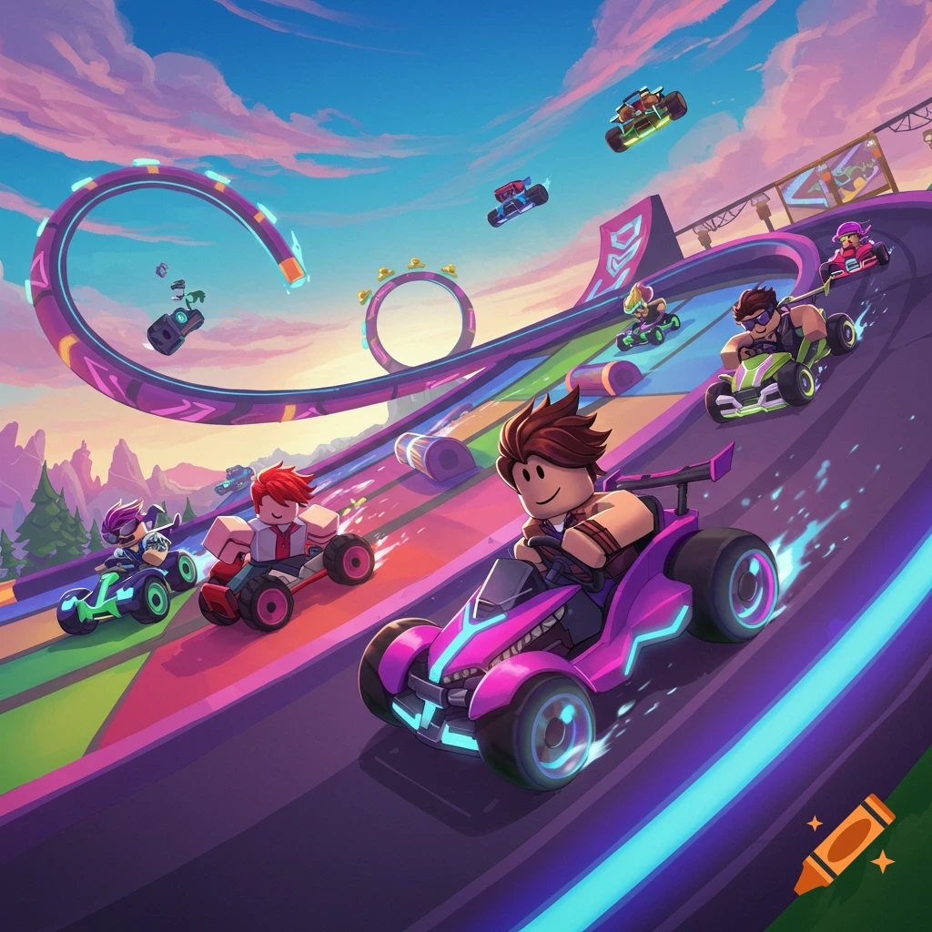 A colorful cartoon race features blocky characters in go-karts on a vibrant track looping under a sunset sky.