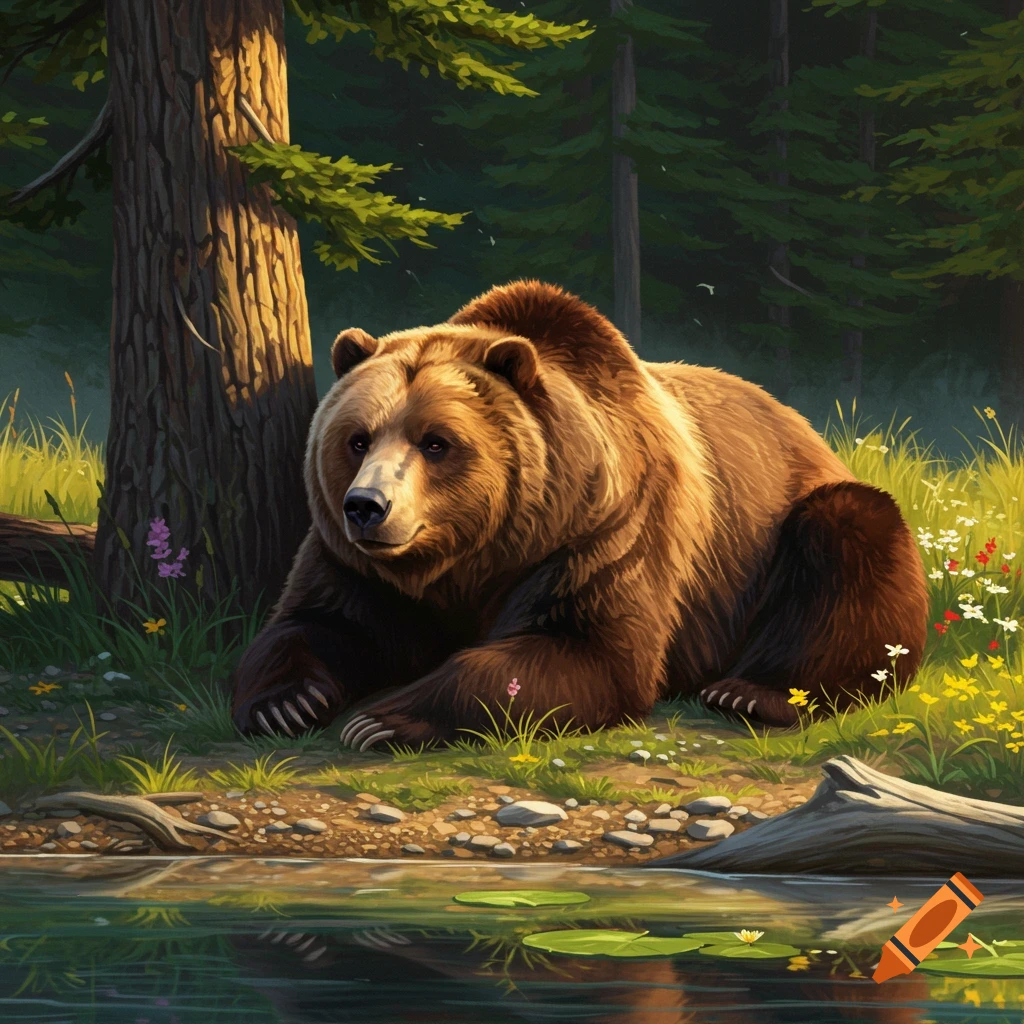 A grizzly bear resting by a lake in a forest.