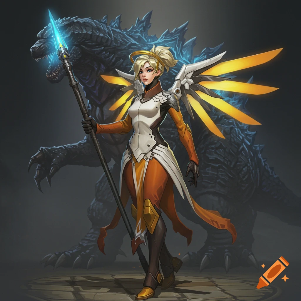 Mercy-like character with moth wings stands before a Godzilla-like monster.