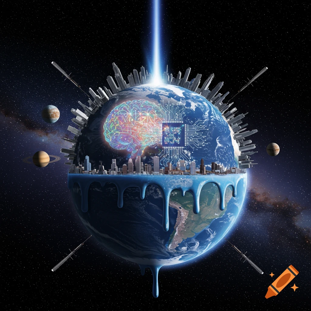 Futuristic Earth melting in space, half cityscape/circuit board with brain design, half natural.
