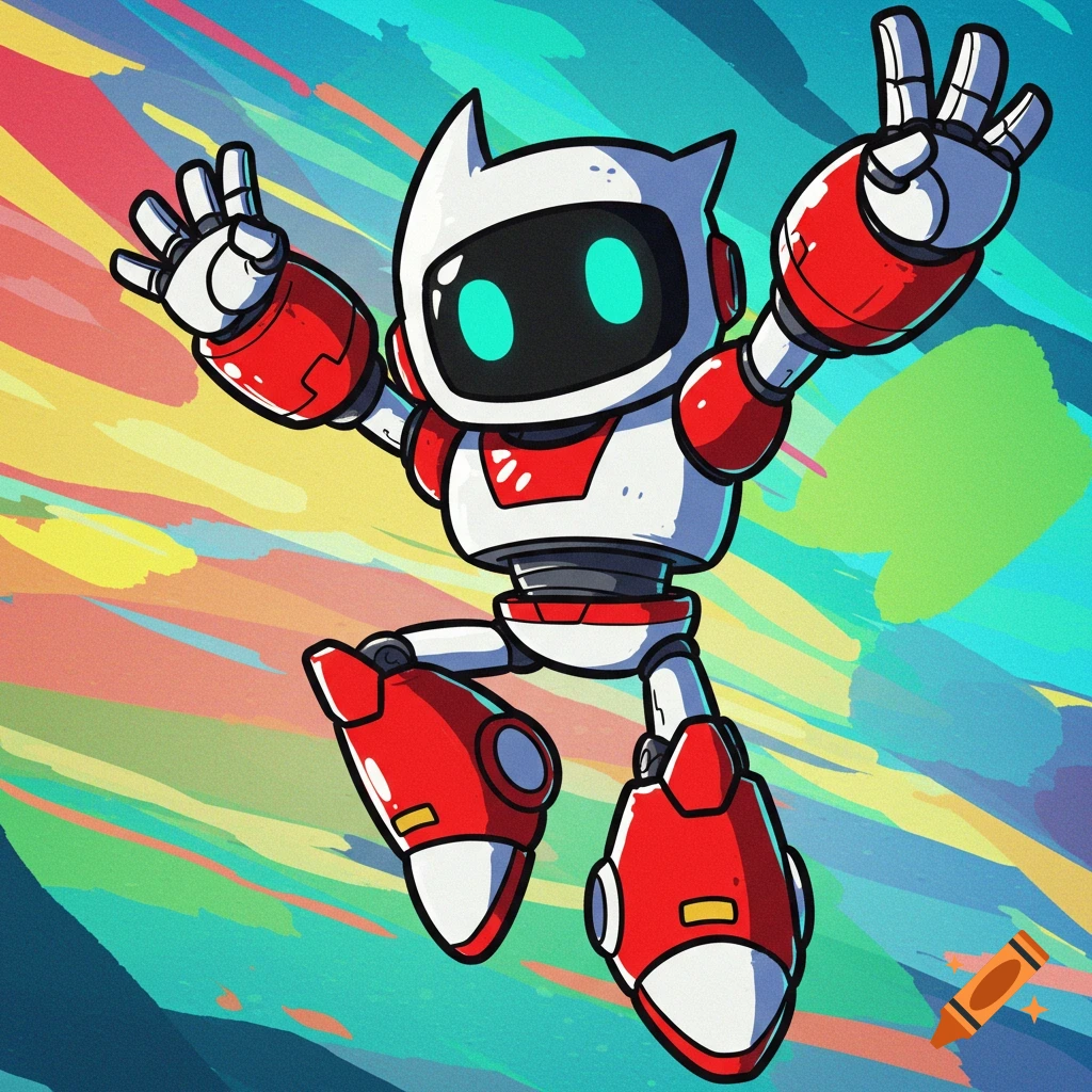A cartoon robot jumping with arms raised against a colorful, striped background.