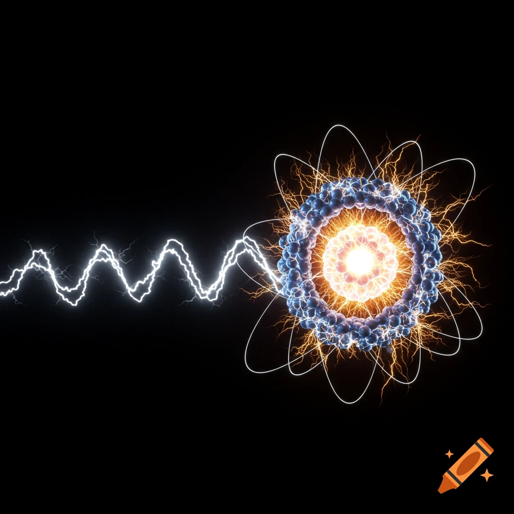 A wavy white electrical beam strikes a sparkling atom on a black background.