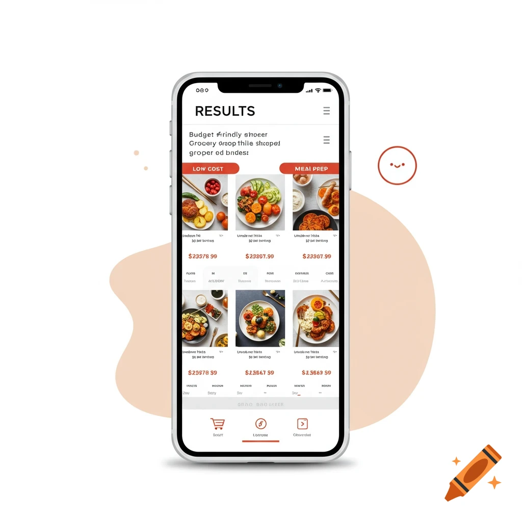 Mobile app screen showing grocery bundle results with food images, prices, and labels.