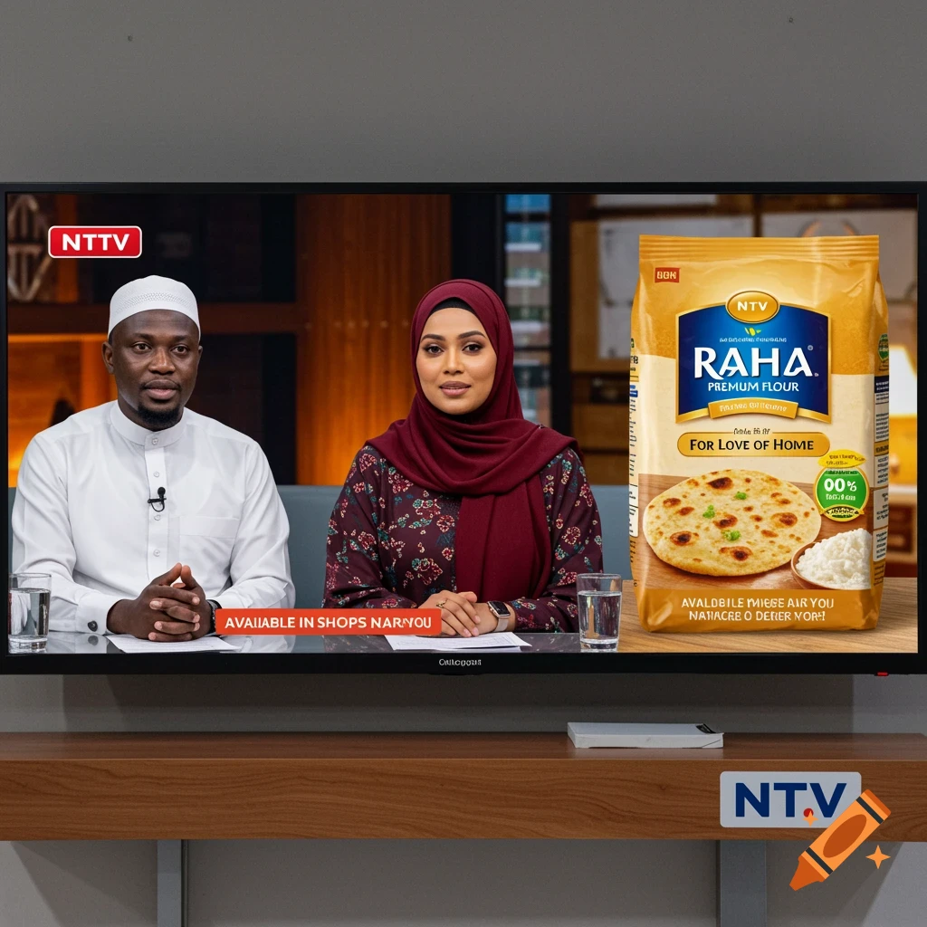 TV screen showing a talk show with two hosts and a flour advertisement