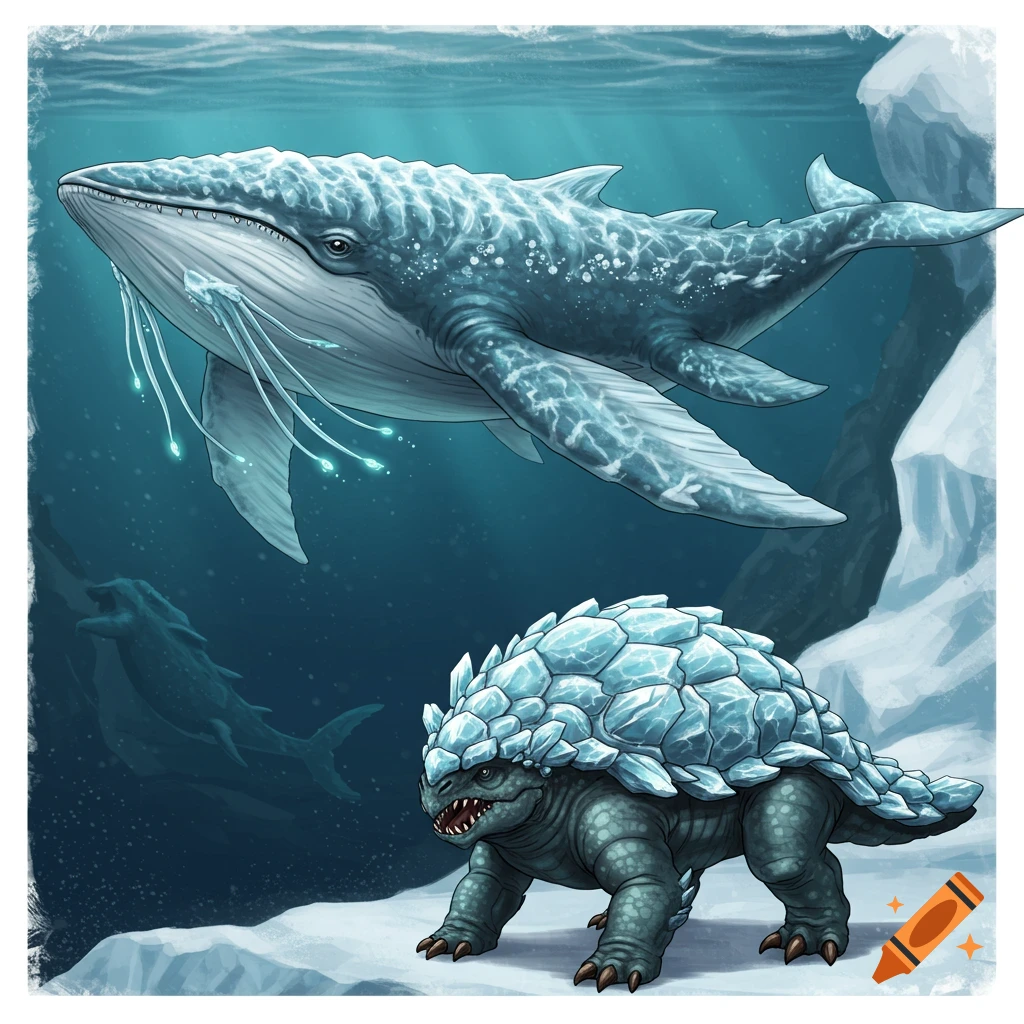 Fictional whale and ice-armored turtle creature in arctic water.