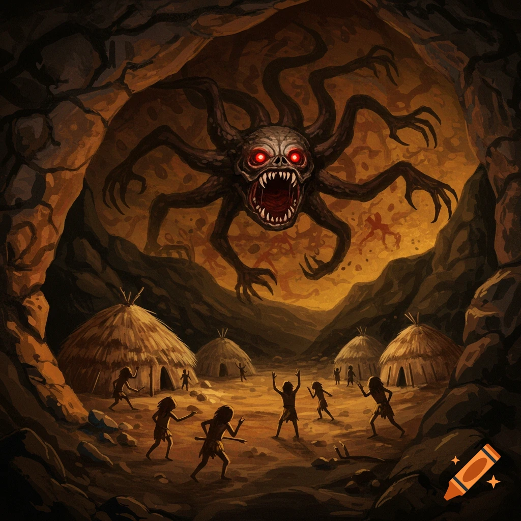 A monstrous creature with red eyes and multiple limbs looms over primitive huts and stick figures in a cave painting style illustration.