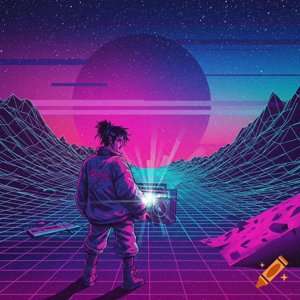 A person holds a boombox in a retro synthwave landscape under a large moon/sun.