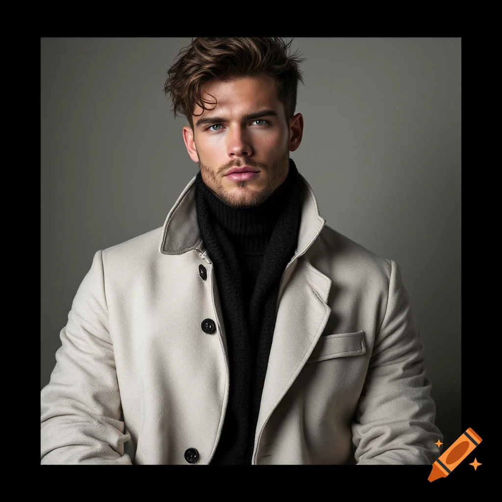 A male fashion model in a white coat and black turtleneck poses in a studio.