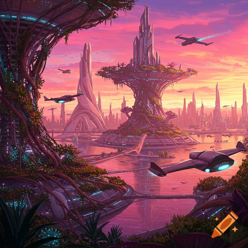 A futuristic city with organic architecture and flying vehicles at sunset.