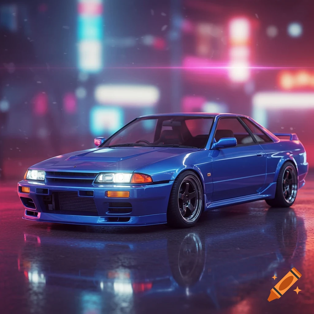 Blue 90s Japanese sports car parked on a wet street with blurred neon city lights background, digital art.
