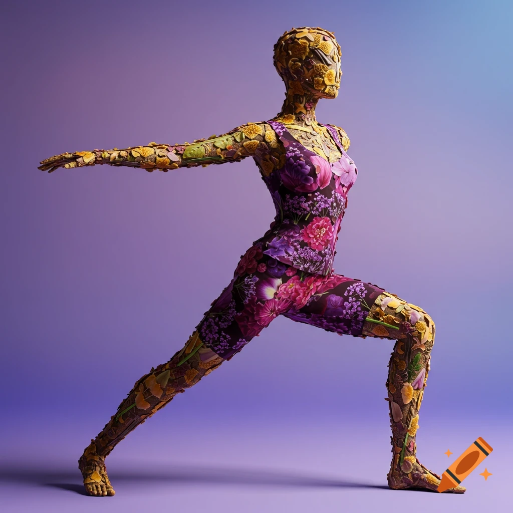 A figure made of flowers and plants in a warrior yoga pose, wearing a floral print outfit.