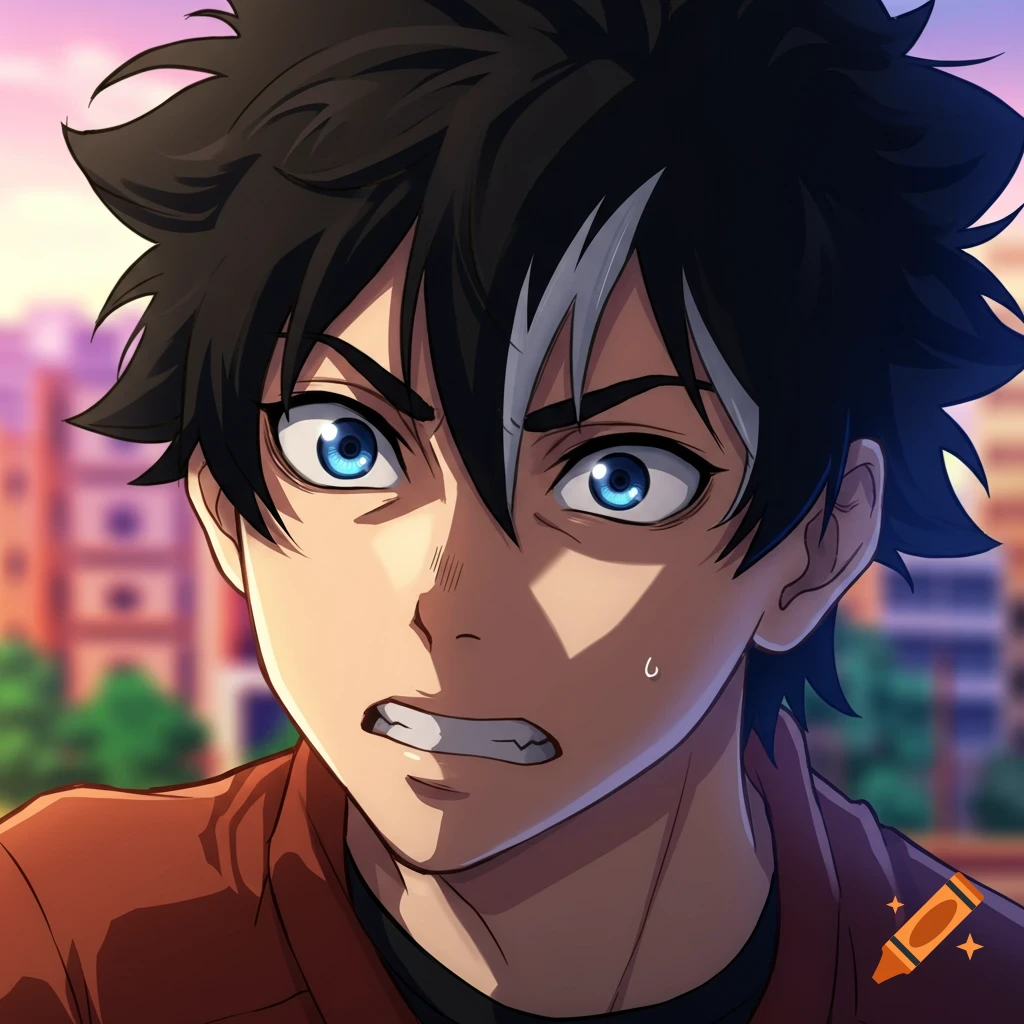 Anime portrait of a young male character with messy black hair, white streak, and wide blue eyes.