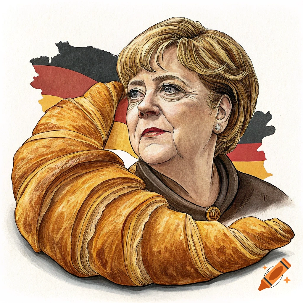 Watercolor illustration of a head of Angela Merkel attached to a giant croissant, with the German map and flag behind her.