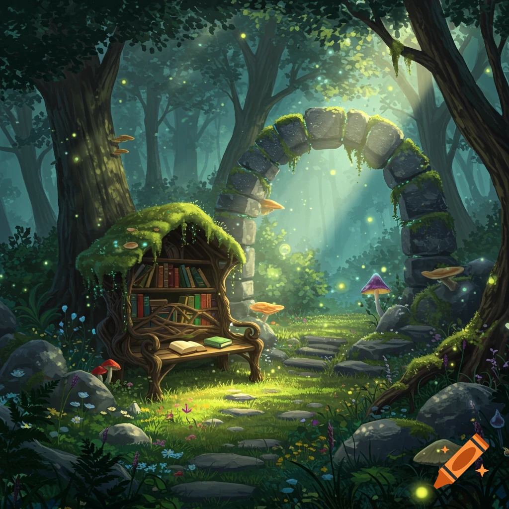 A mystical forest path leading to a mossy stone archway and a booknook bench filled with books, with fireflies.