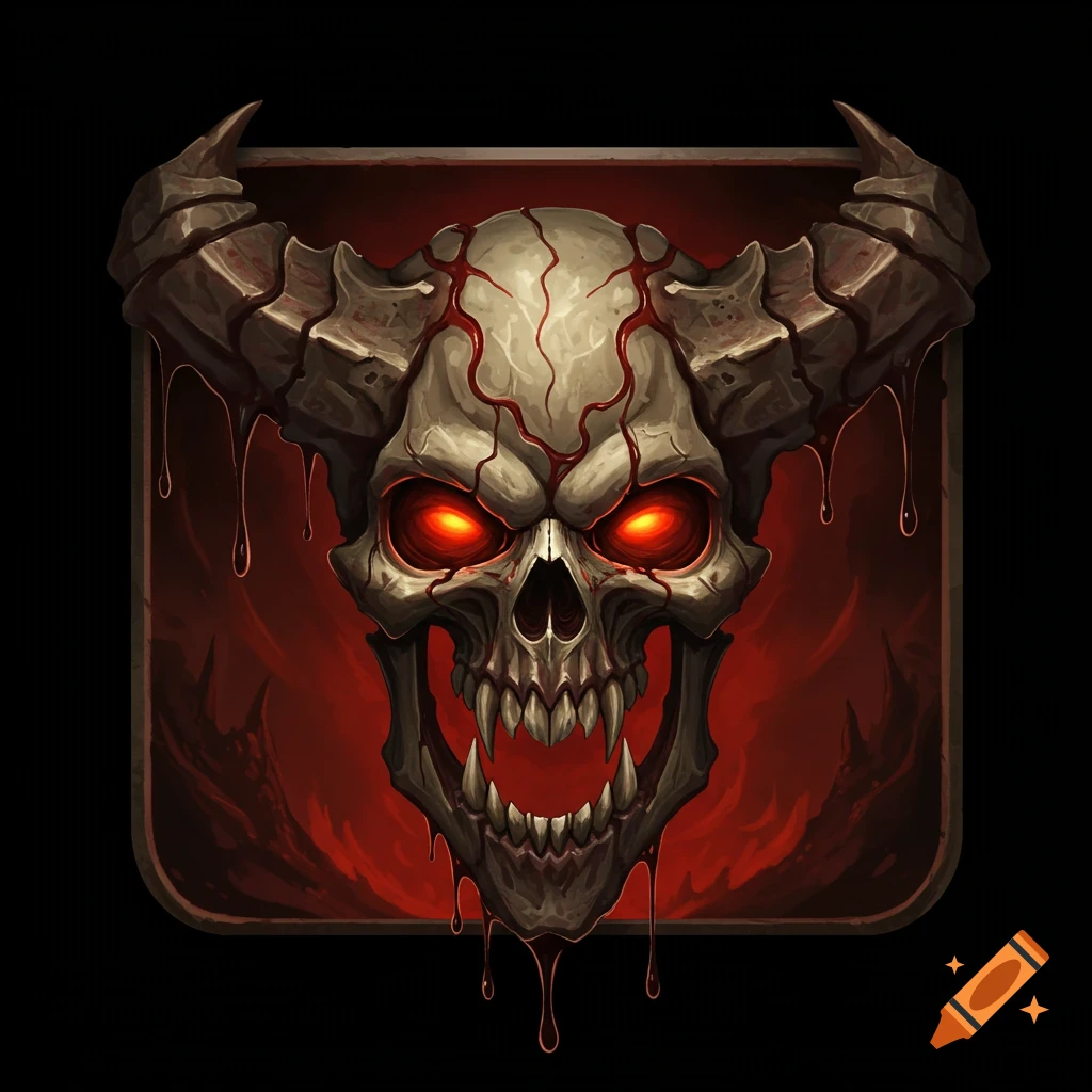 Stylized demonic skull icon with red eyes and horns dripping blood