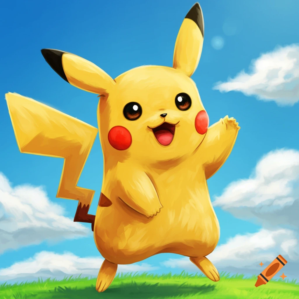 A happy Pikachu standing in a field under a blue sky, waving.