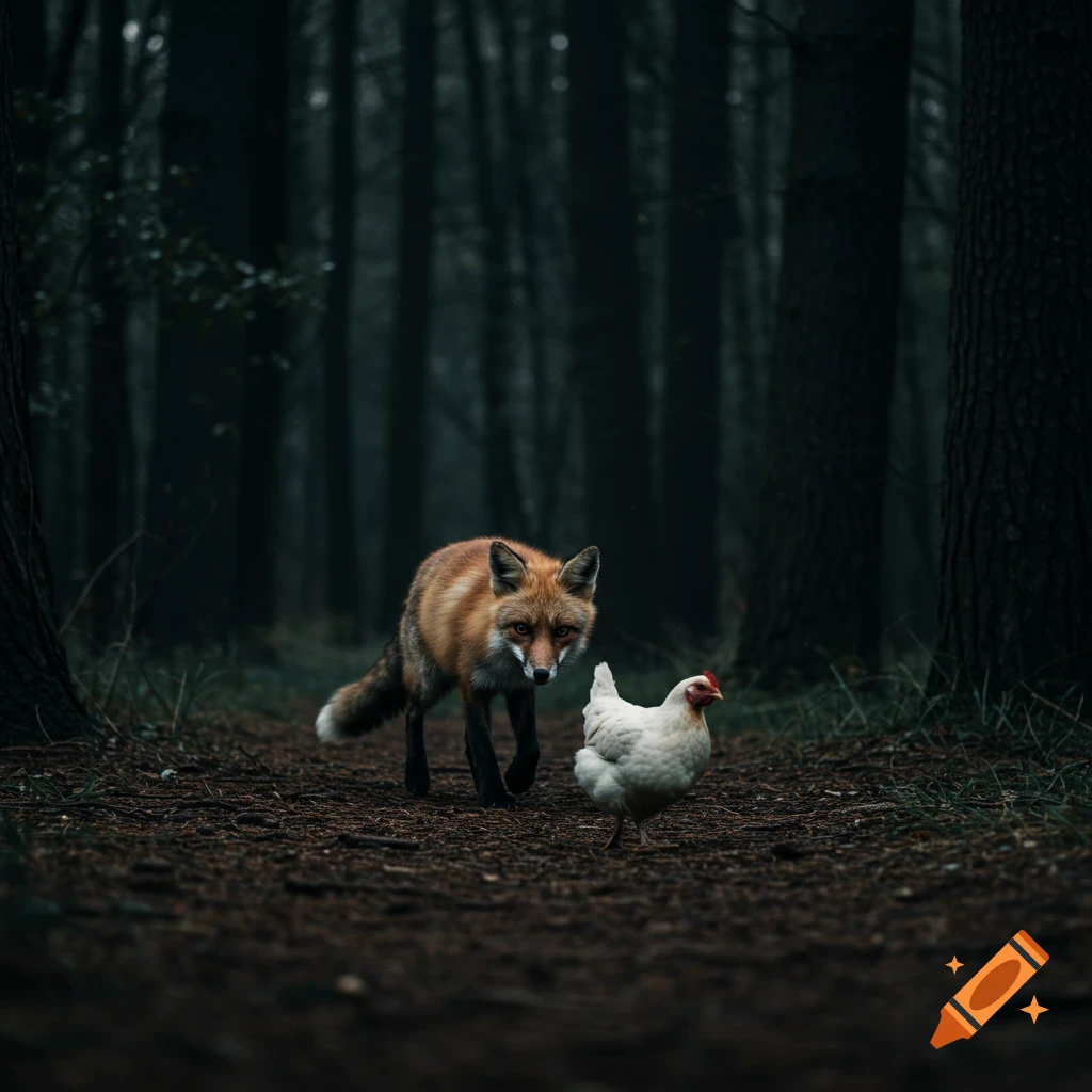 A fox faces off with a chicken on a dirt path in a dark, moody forest.