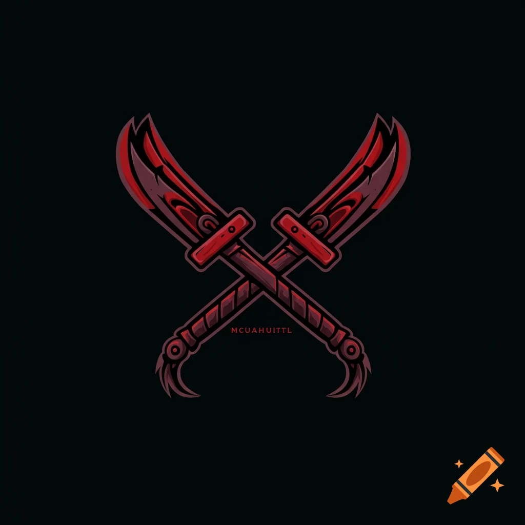 Two stylized red and dark grey bladed weapons crossed in a logo style on a black background.