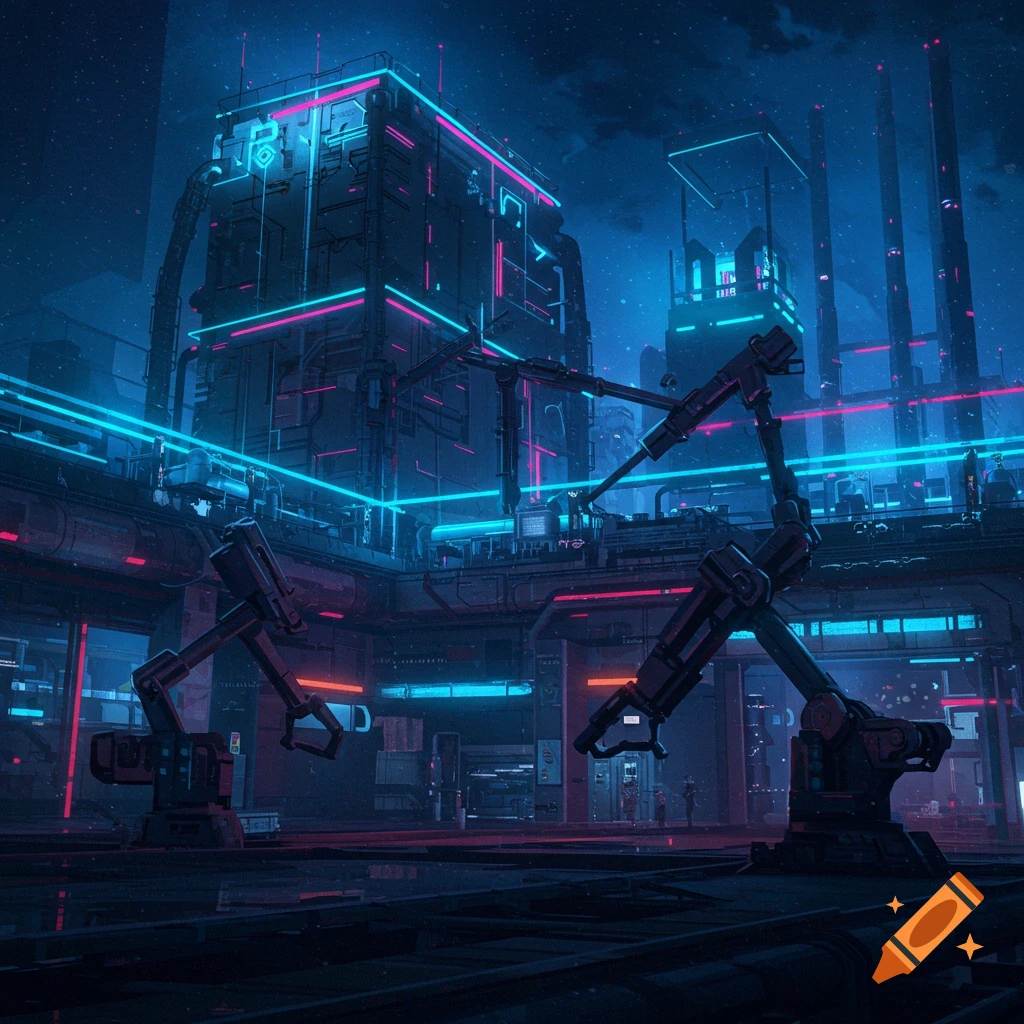 Exterior of a futuristic factory at night, with robotic arms and neon lights.