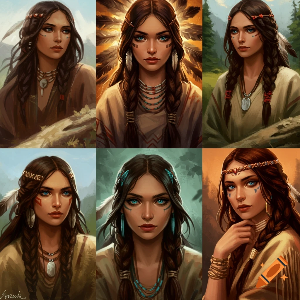 Six digital portraits of a woman with braids, blue eyes, and face paint in tribal attire.