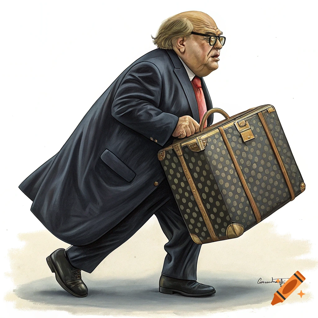 Caricature illustration of a man resembling Danny Devito carrying a large, heavy suitcase.