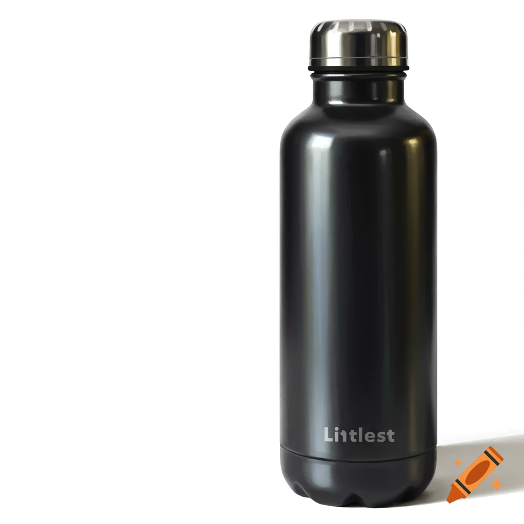 Black metal water bottle on a white background.