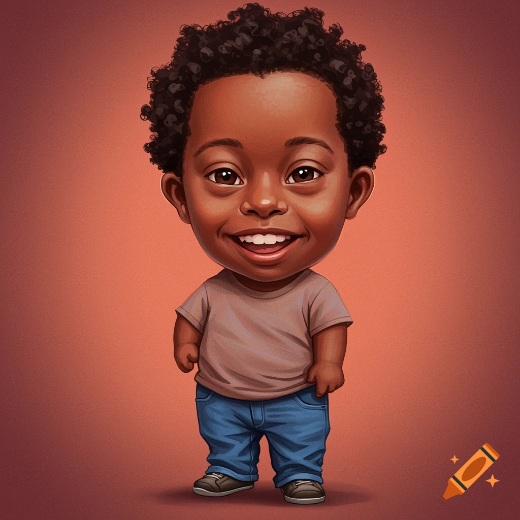 A smiling young Black boy with large eyes and curly hair, wearing a t-shirt and jeans.