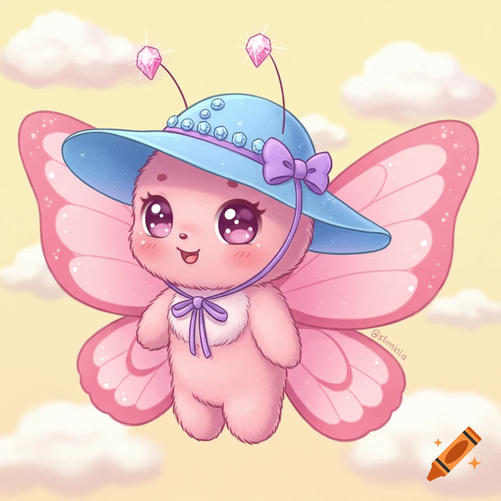 A cute pink fluffy creature with butterfly wings wears a blue hat adorned with jewels and a purple bow while flying among clouds.