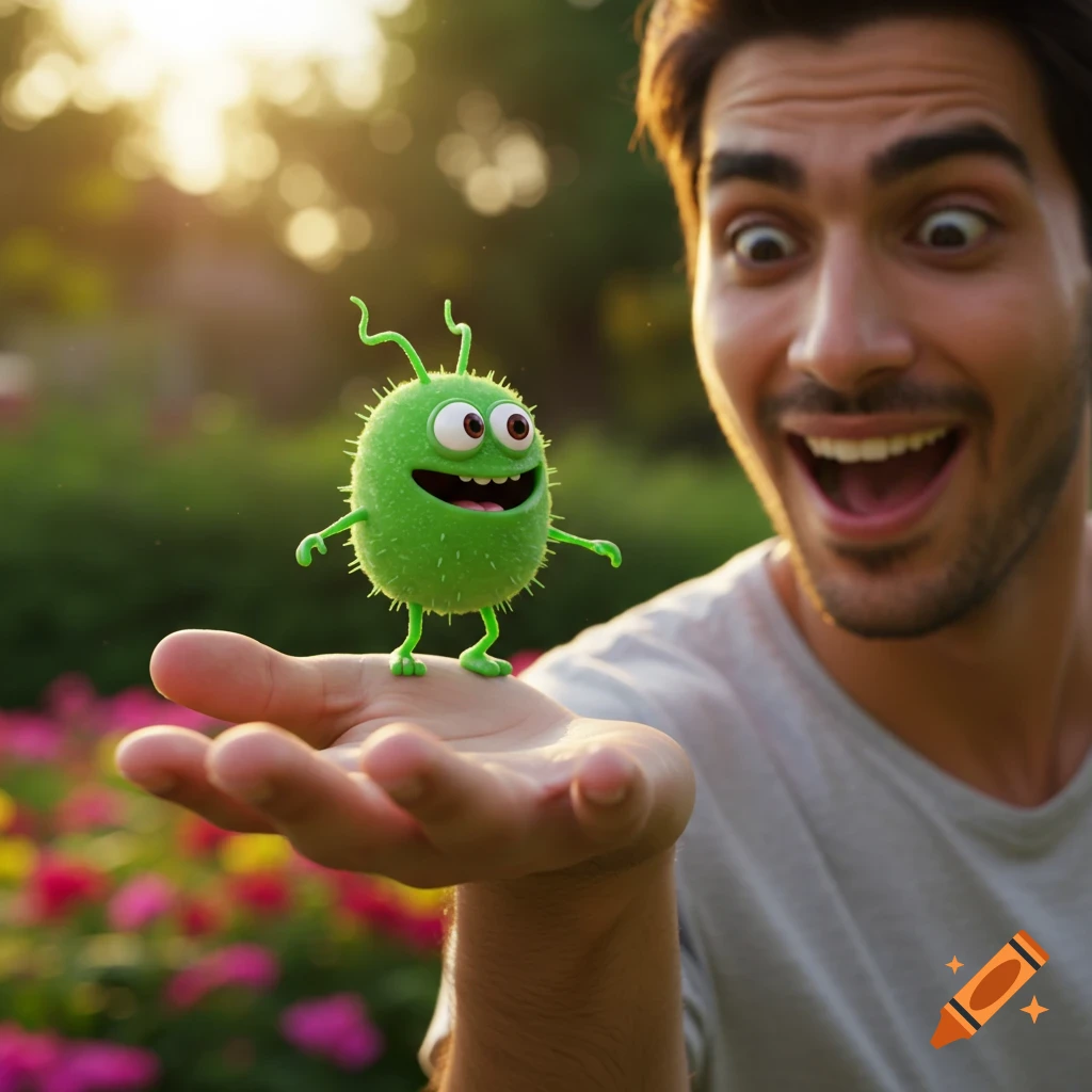 Happy man holds a green cartoon creature in his hand outdoors.