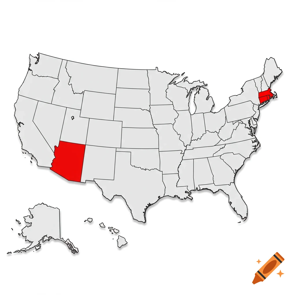 Map of the United States with Arizona and Connecticut highlighted in red.