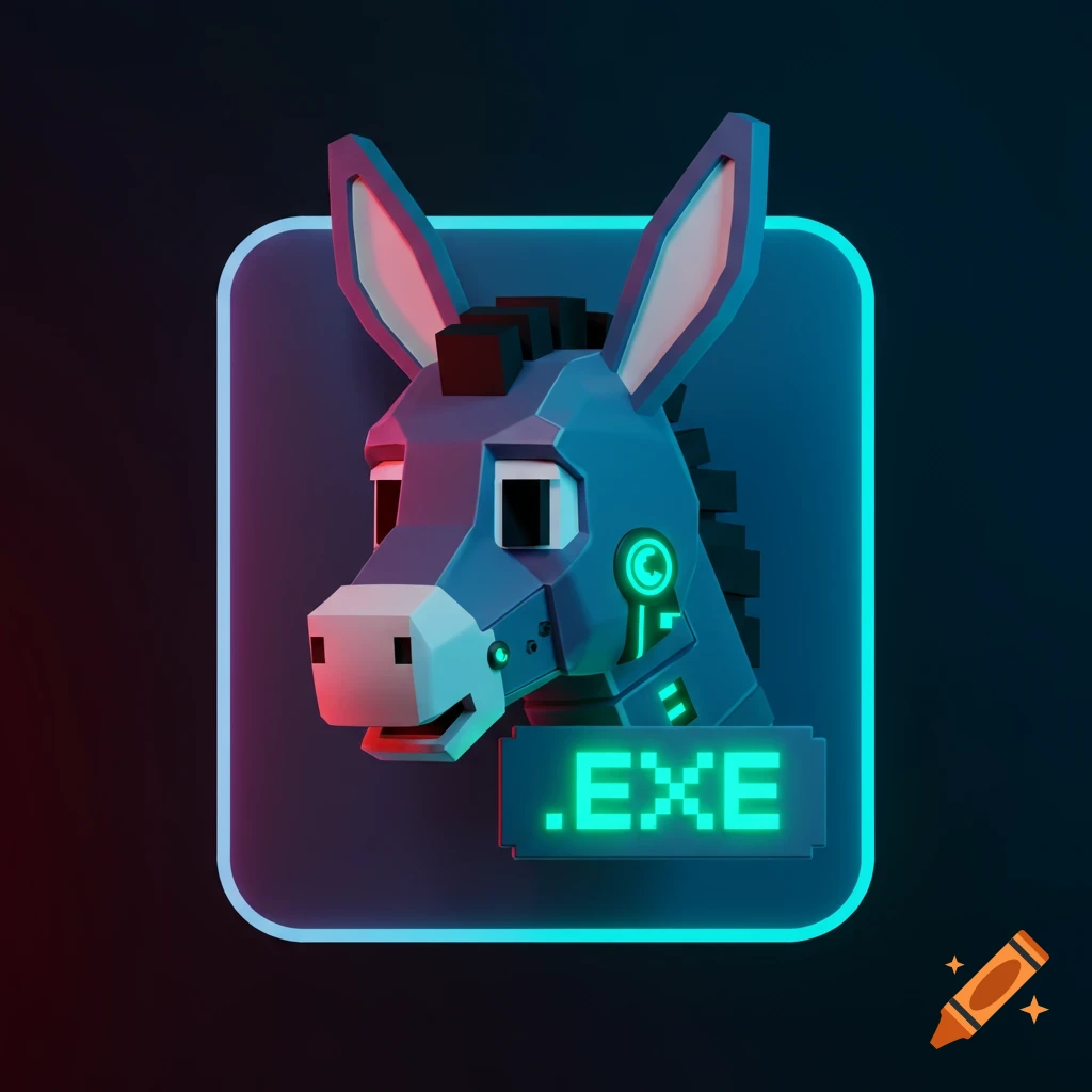Stylized low-poly cybernetic donkey head icon with glowing '.EXE' text on a dark background with neon frame.