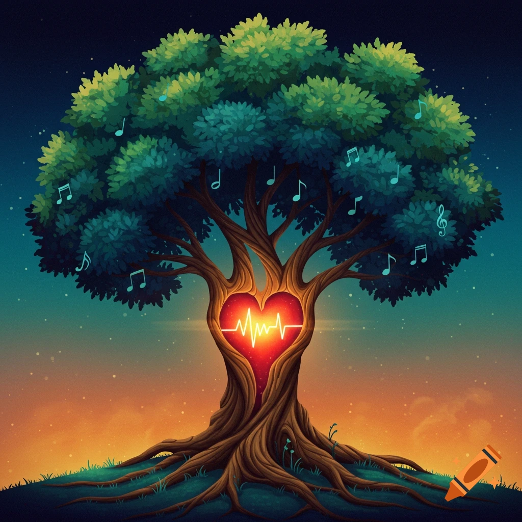 Stylized tree with a glowing heart, roots like veins, and musical notes in the branches.