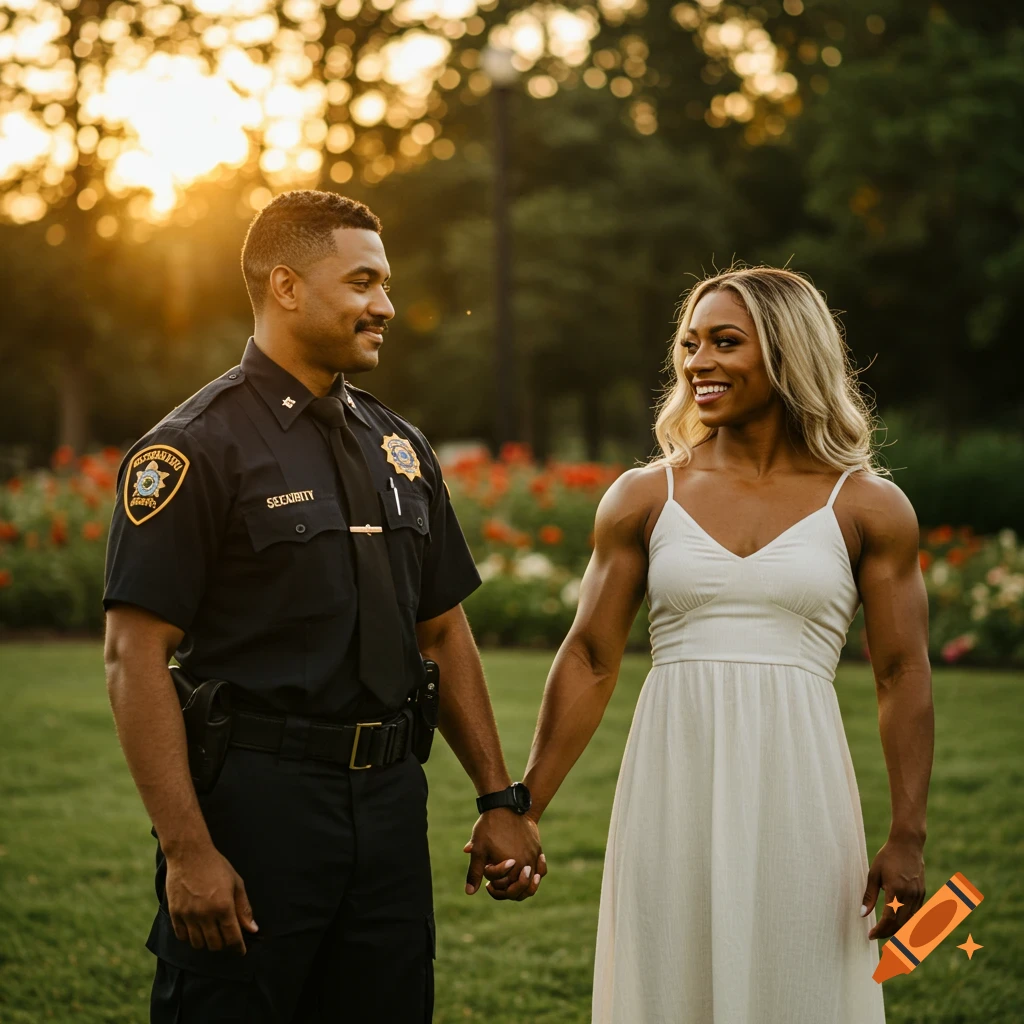 Photorealistic image of a security guard and a bodybuilder holding hands in a park at sunset.