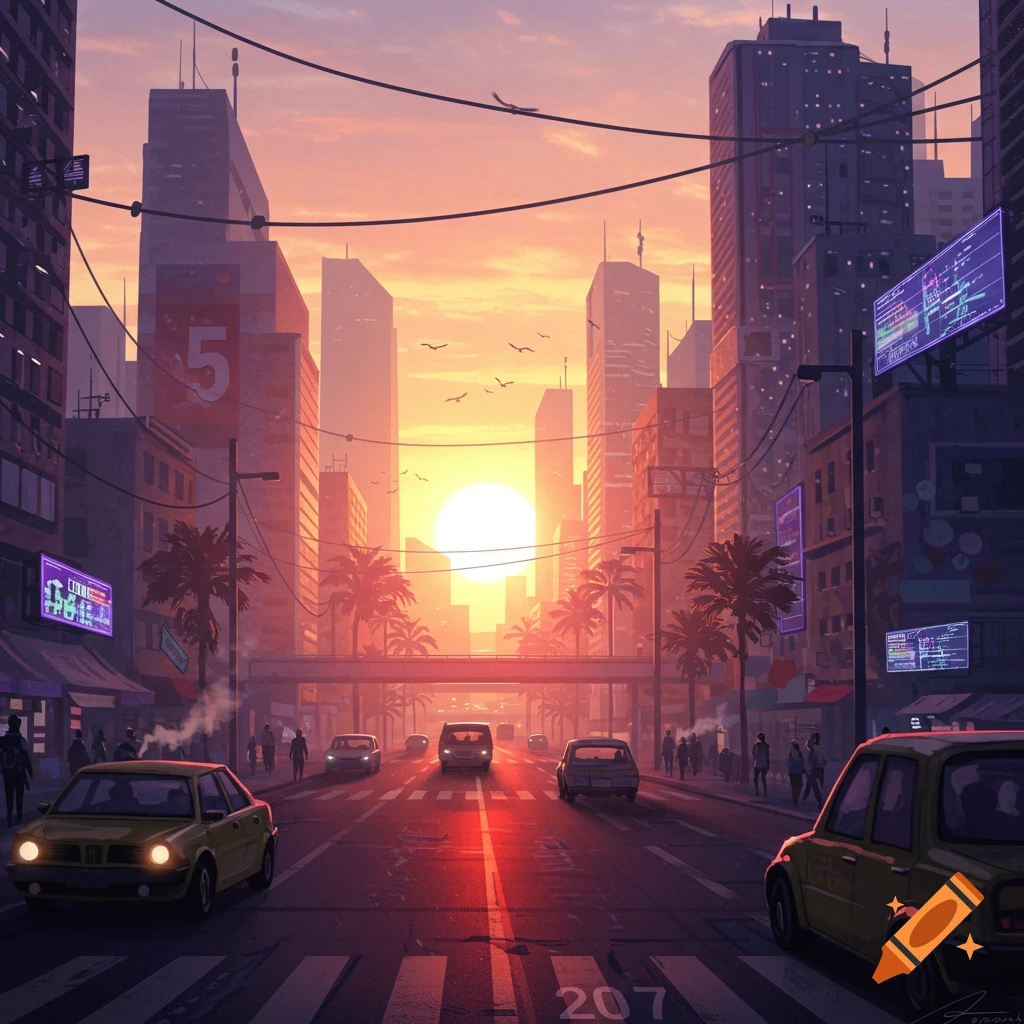A busy cityscape at sunset with palm trees, cars on a street, and tall buildings.