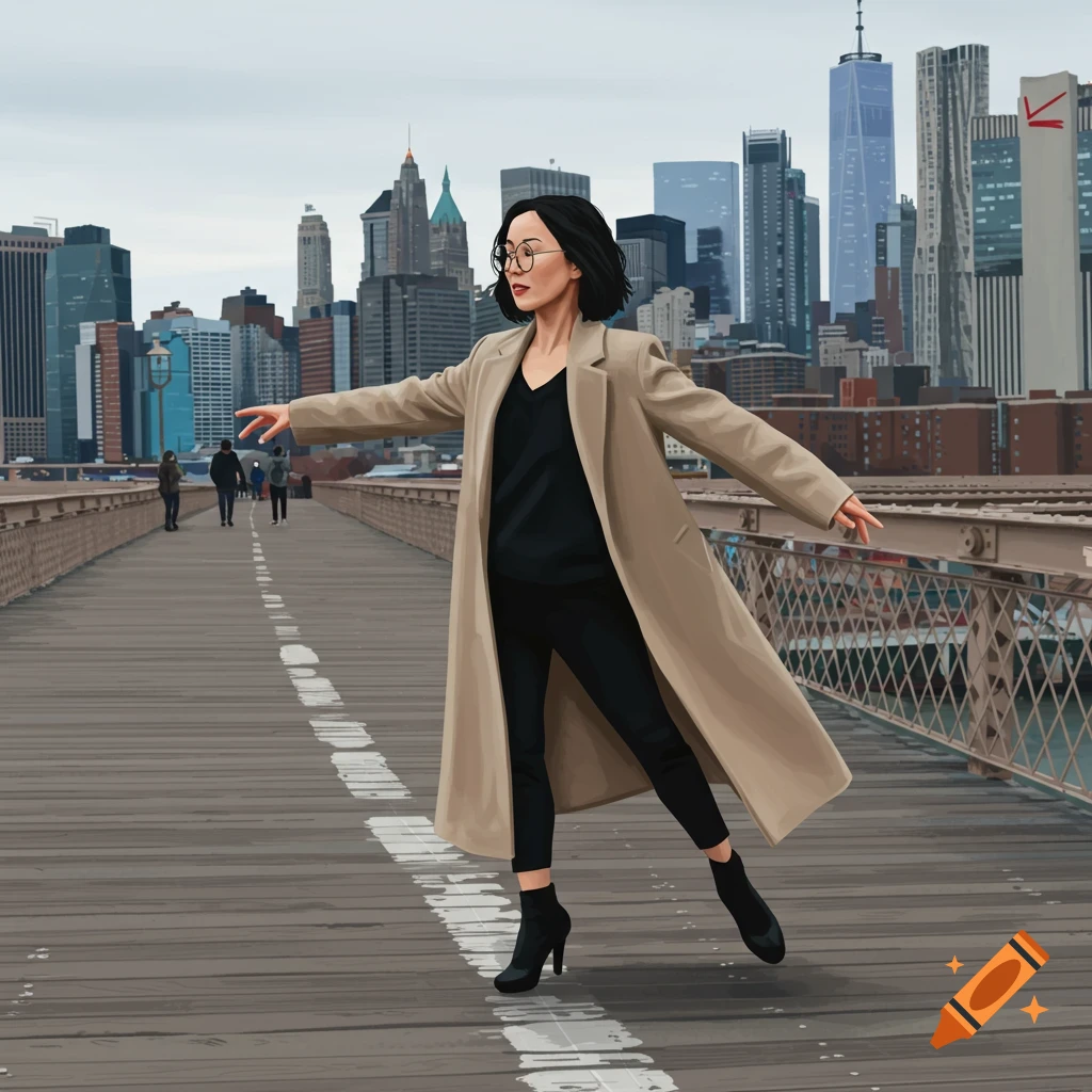 A woman dances on the Brooklyn Bridge with the NYC skyline behind her.