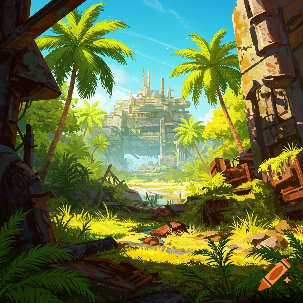 tropical jungle surrounding large ruins.