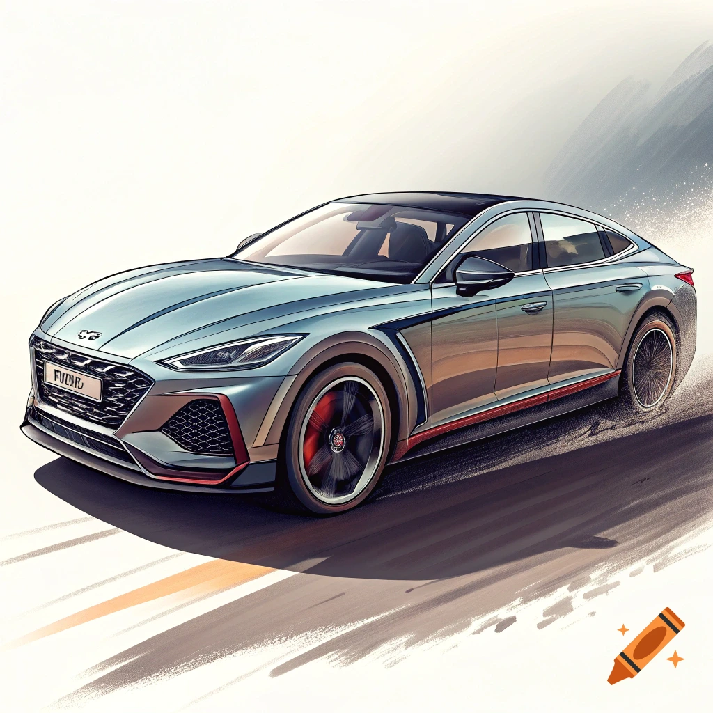 Sketch of a silver sedan car driving fast