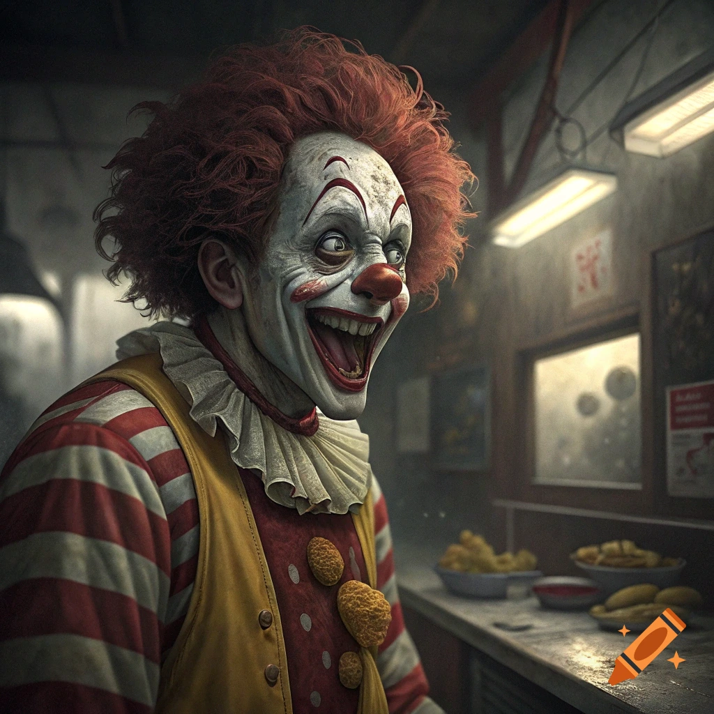 A creepy clown with ruffled collar and striped shirt stands in a dimly lit room.