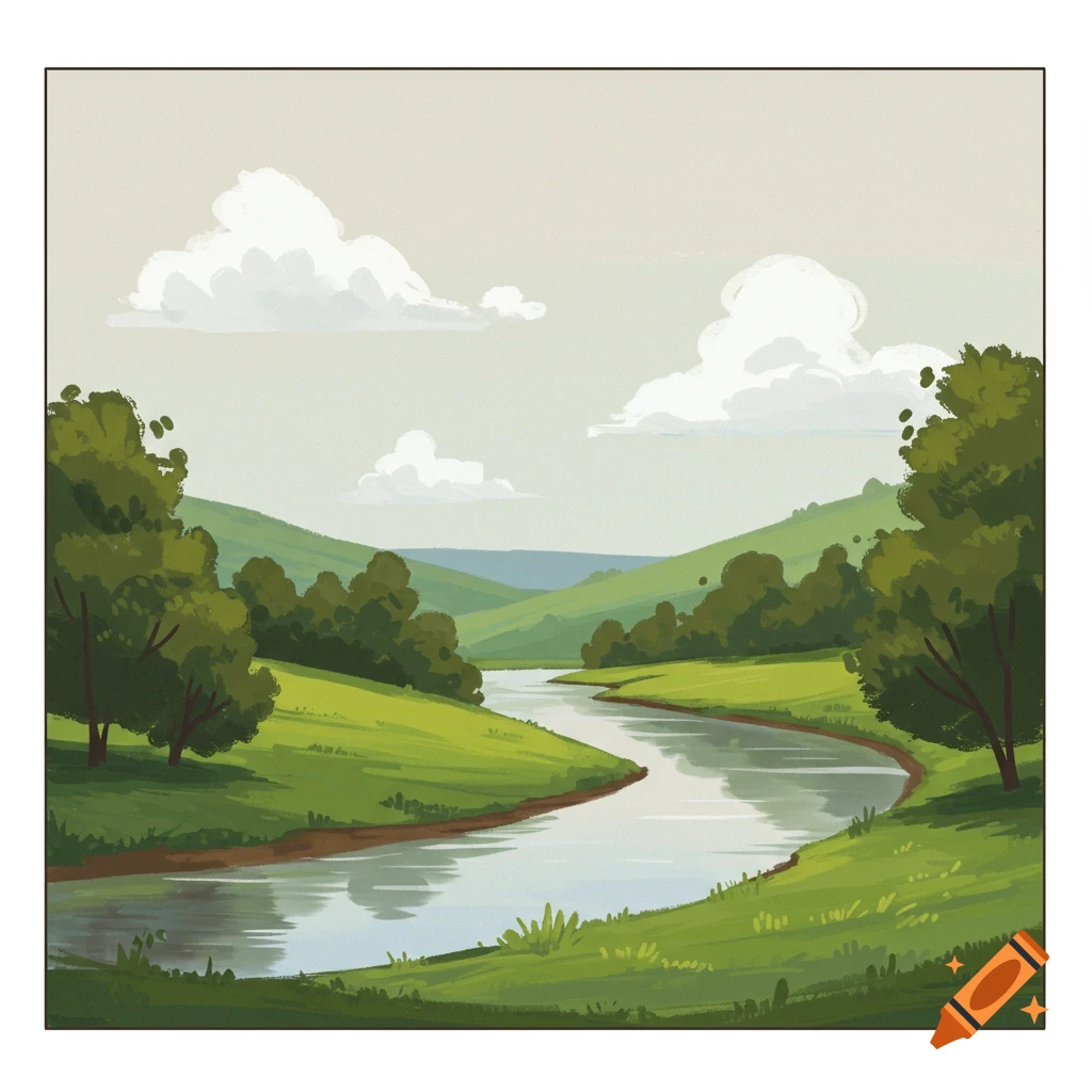 A winding river flows through green hills with trees under a cloudy sky.