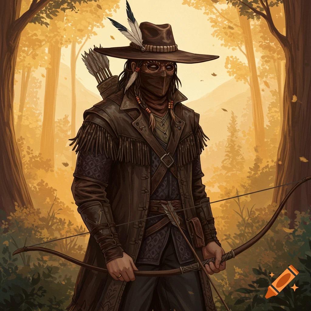 A masked ranger in a fringed coat holds a bow in an autumn forest.