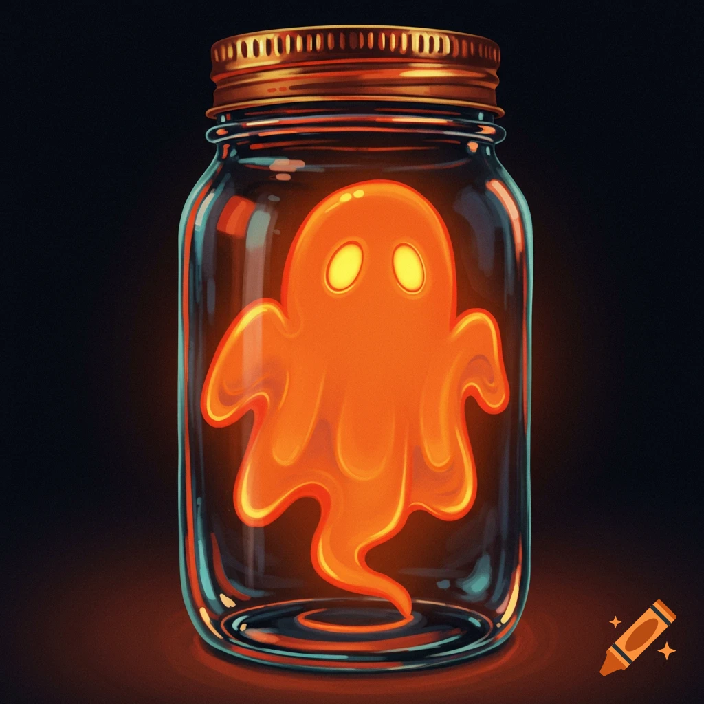 a glowing orange ghost inside a glass mason jar.