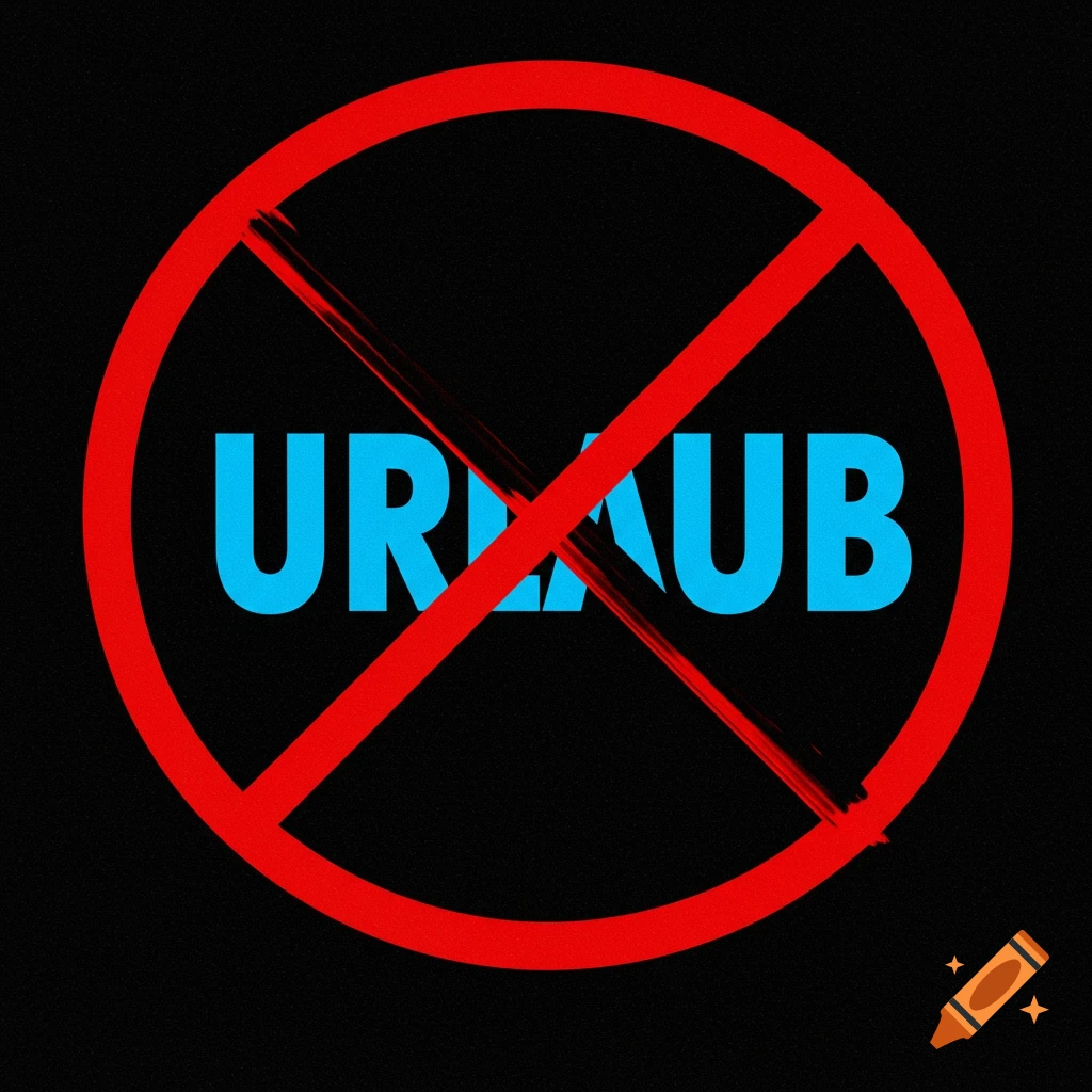 Blue text 'URLAUB' inside a red prohibition sign (circle with cross) on black background.