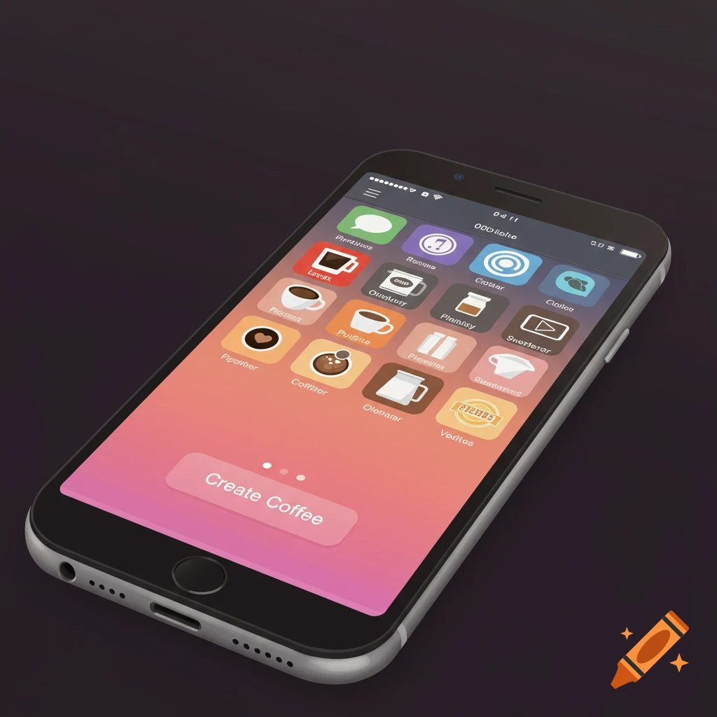 A smartphone screen shows a coffee-themed app interface with icons and a 'Create Coffee' button.